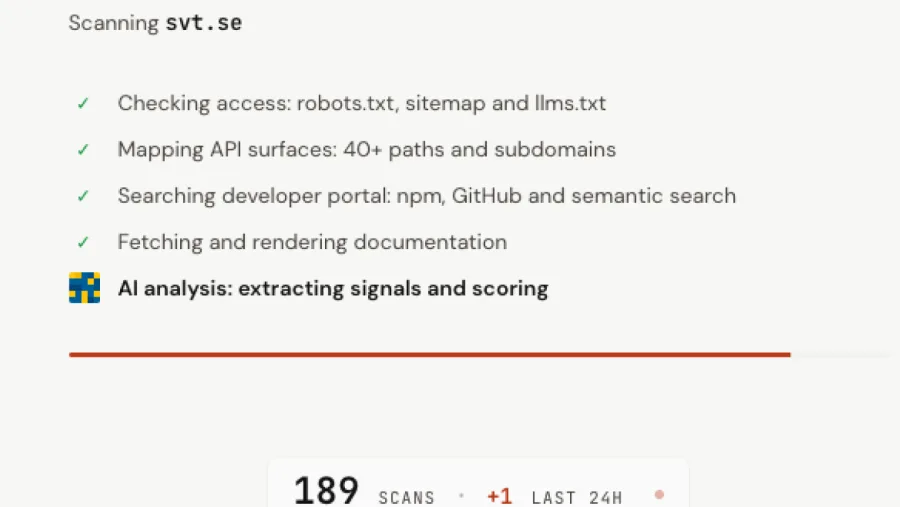 agent.opensverige.se running a live scan of svt.se — an access and API-surface checklist with a scan counter