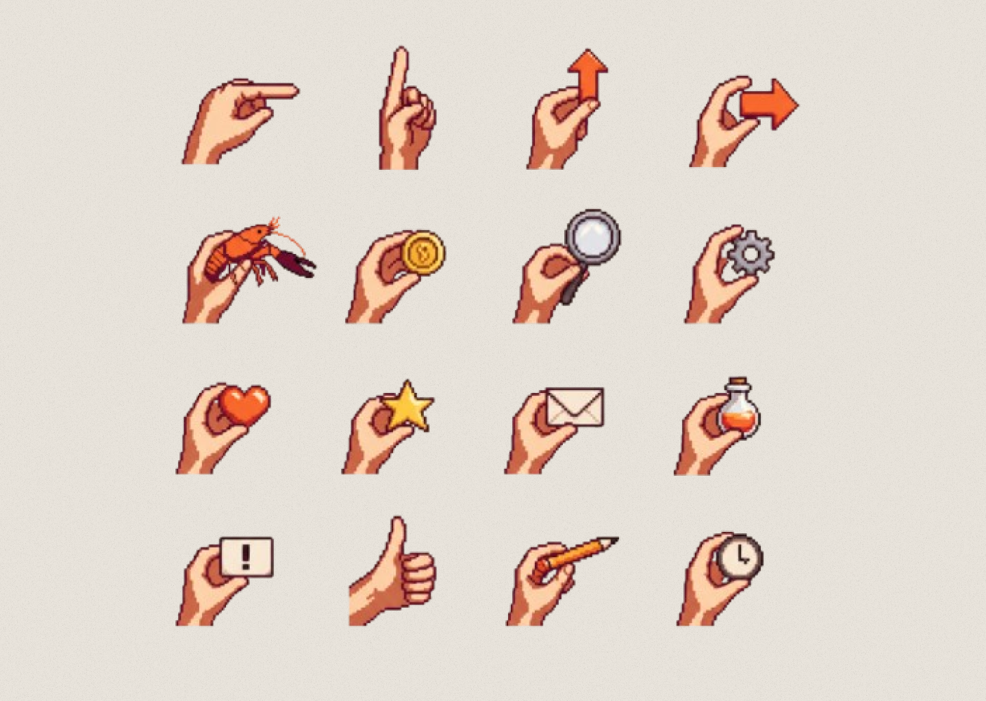 Custom pixel-art icon set — sixteen hands holding objects: pointer, arrow, crayfish, coin, magnifier, gear, heart, star, envelope, potion, alert, thumbs-up, pen, clock.