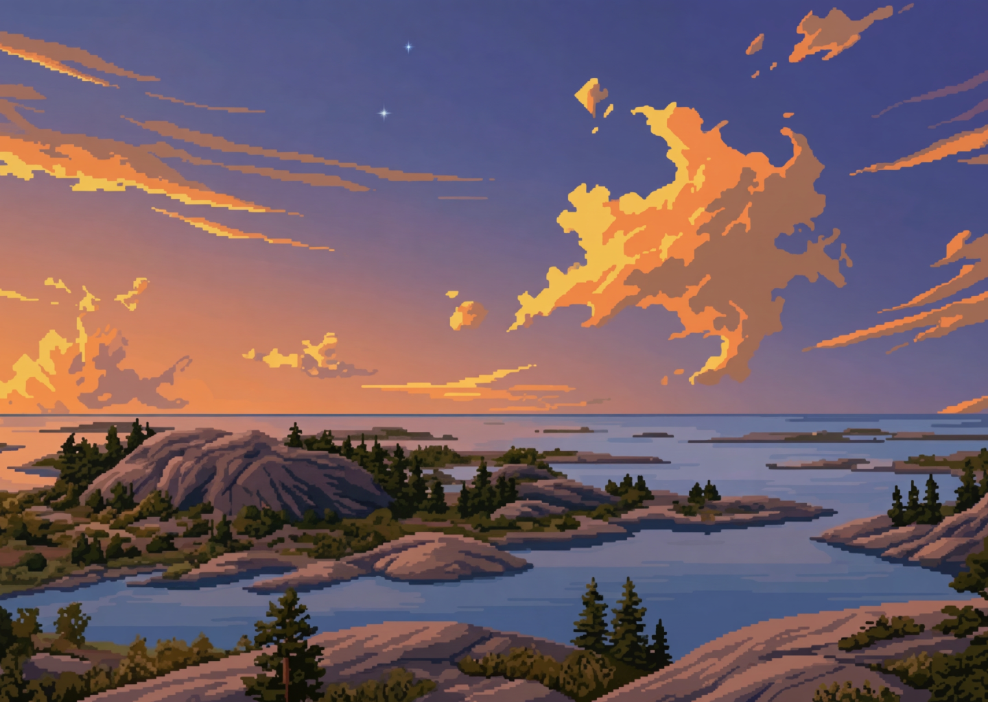 agent.opensverige.se keyart — pixel-art of the Swedish archipelago at sunset, rocks and pines over still water.