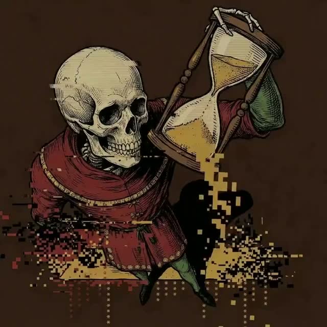 A skeleton in a red medieval robe holding an hourglass whose sand dissolves into pixels