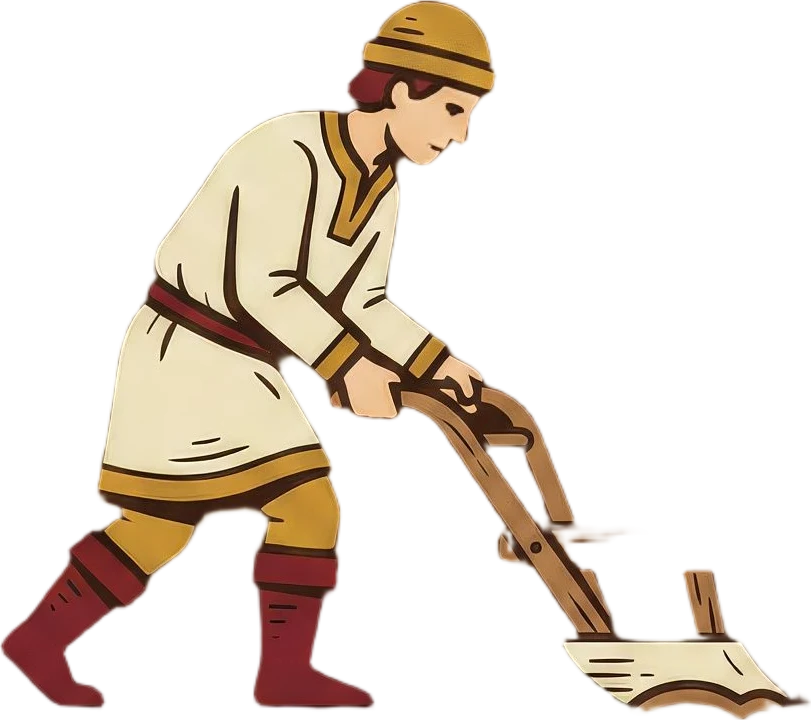 A medieval ploughman pushing a wooden plough