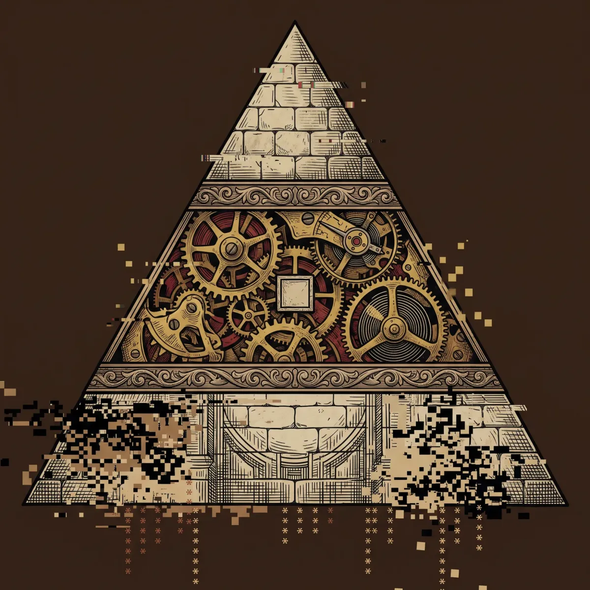 A stone pyramid cut open to show brass gears inside, with one small empty checkbox at the centre of the machinery; its base crumbles into pixels
