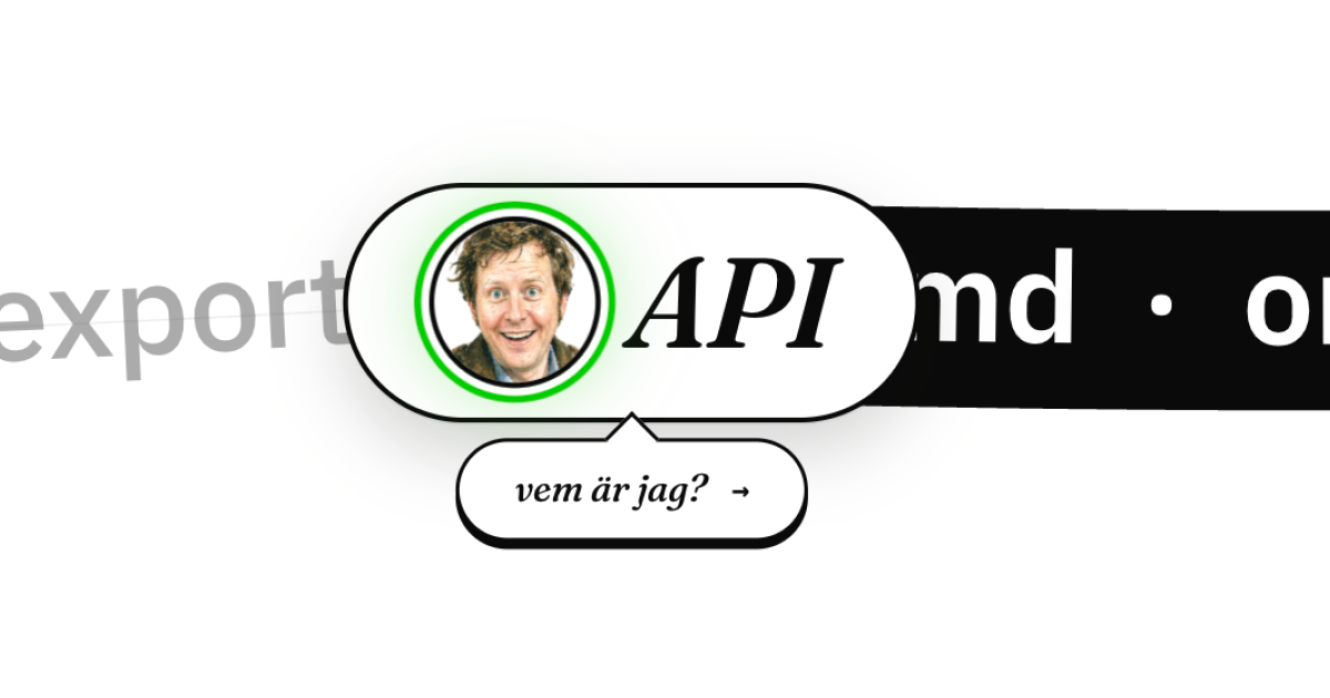 headless.design meta-card — Gustaf's face inside an 'API' pill with a 'vem är jag?' tooltip