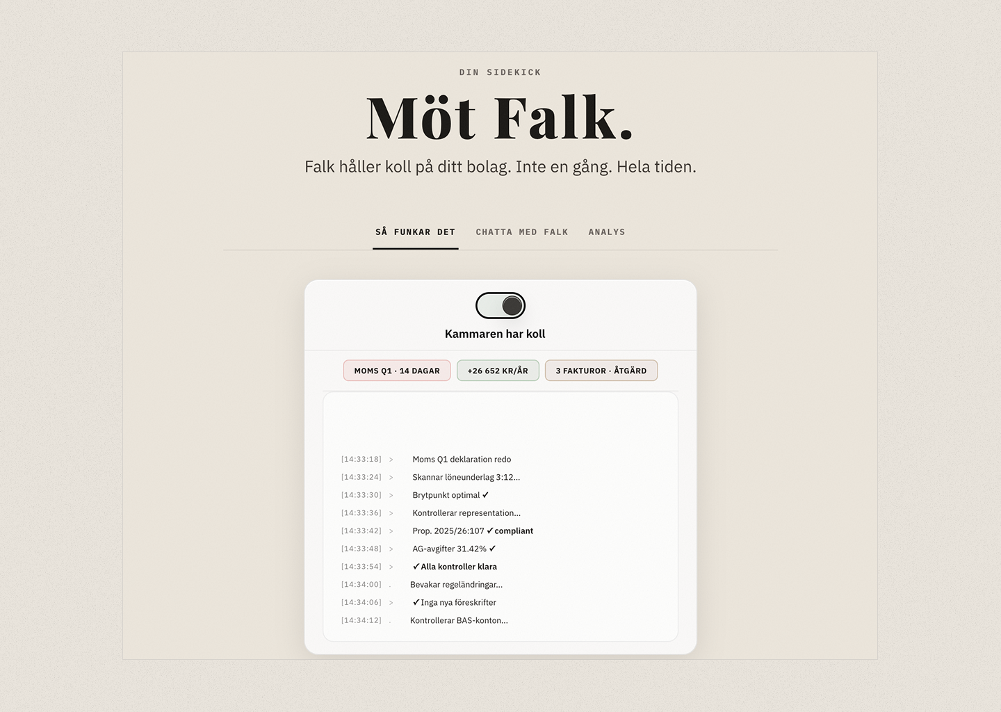 Lead magnet-mockup. Editorial headline 'Möt Falk.' med kalender/timeline-vy av Falks rapportering över 12 månader.
