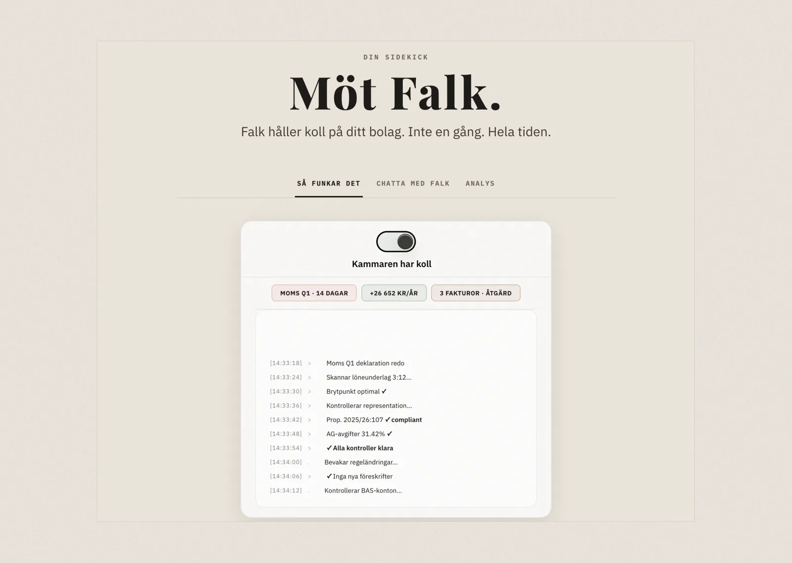 Lead magnet mockup. Editorial headline 'Meet Falk.' with a calendar/timeline view of Falk's reporting across 12 months.