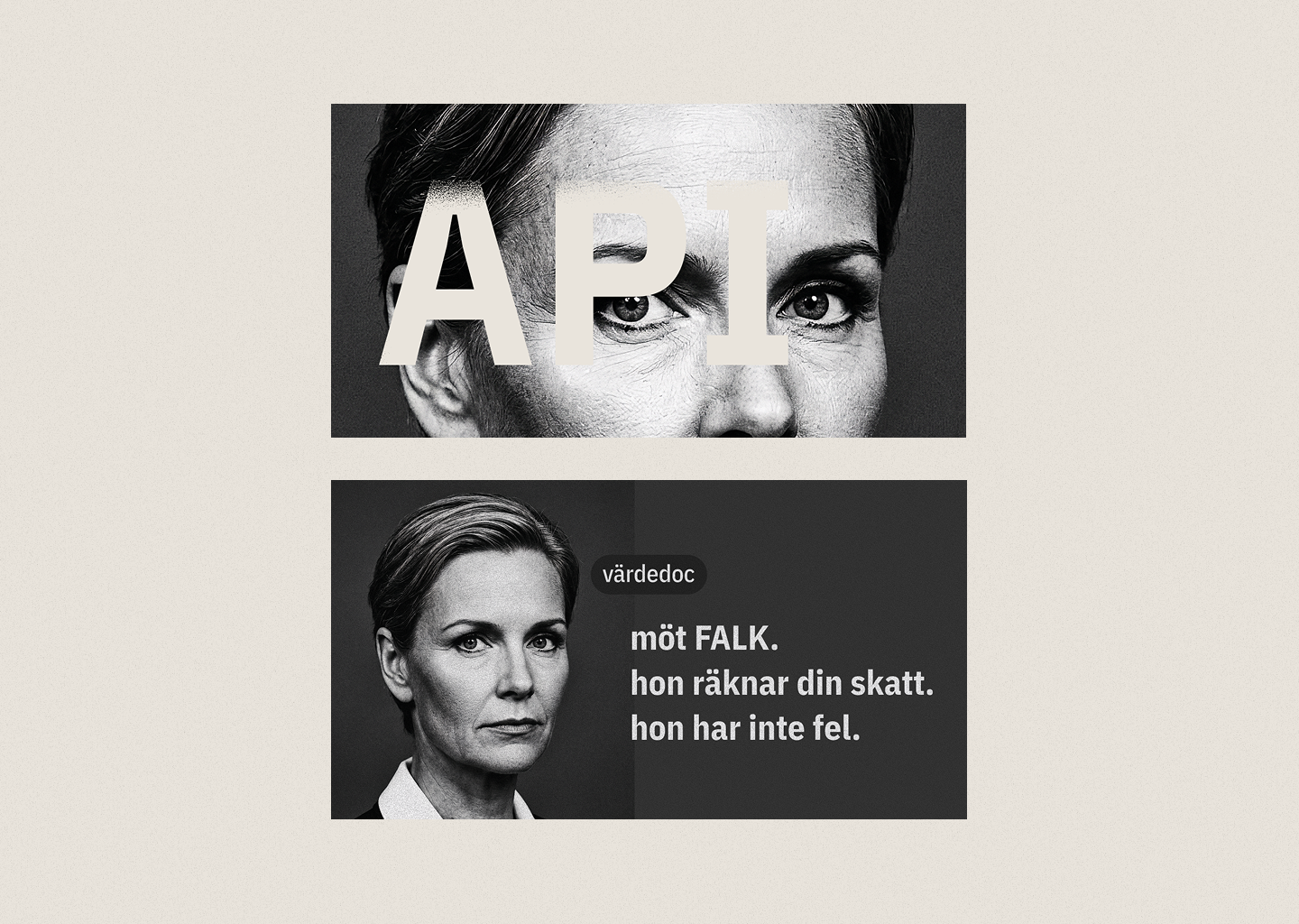 Social media-mallar. Topp: API-porträtt i svartvitt. Botten: värdedoc-kort med 'möt FALK. hon räknar din skatt. hon har inte fel.'