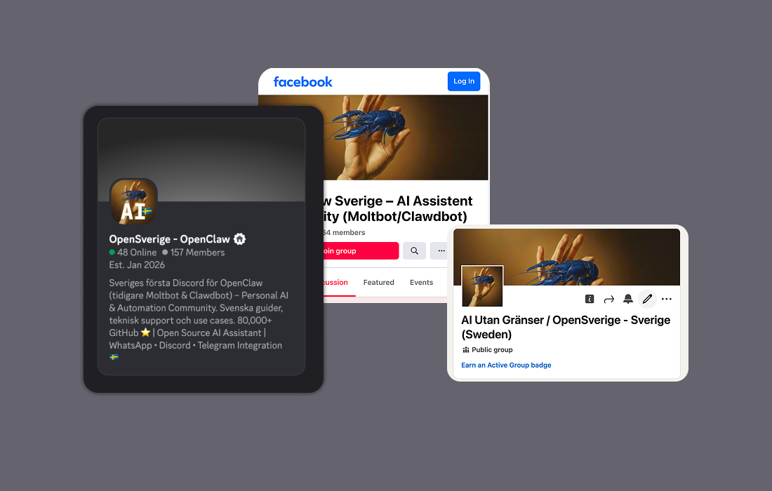 OpenSverige på flera plattformar — Discord-server med 157 medlemmar, en Facebook-grupp och publika gruppkort.