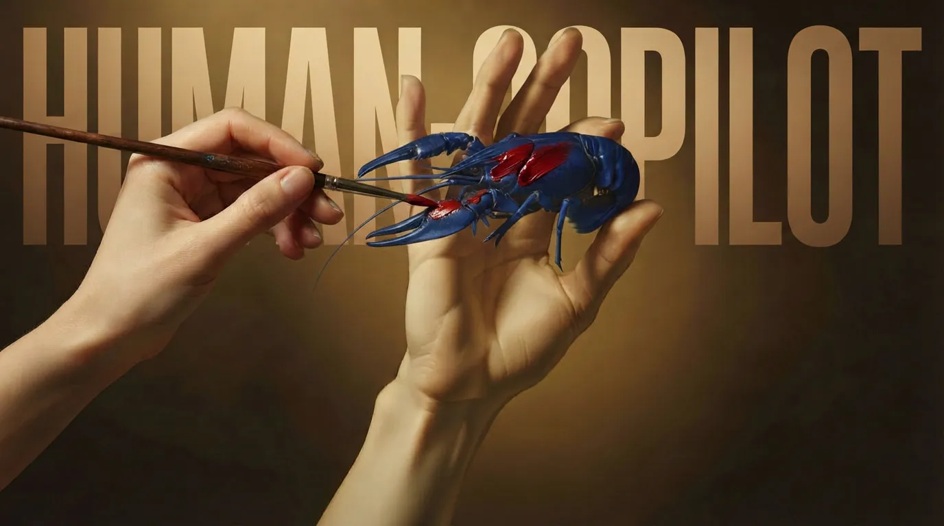 A hand holding a blue crayfish while a second hand paints red markings onto it with a brush, under the words HUMAN-COPILOT
