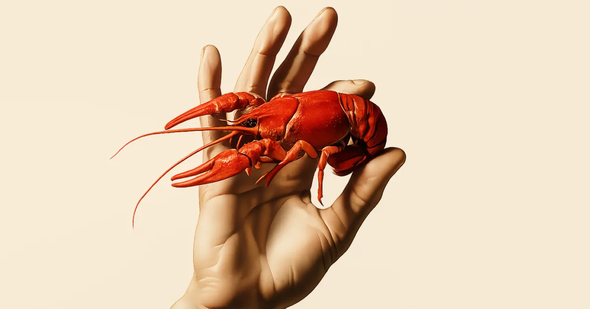 En hand som håller en ljus kräfta mot en varm brun bakgrund — OpenSverige keyart