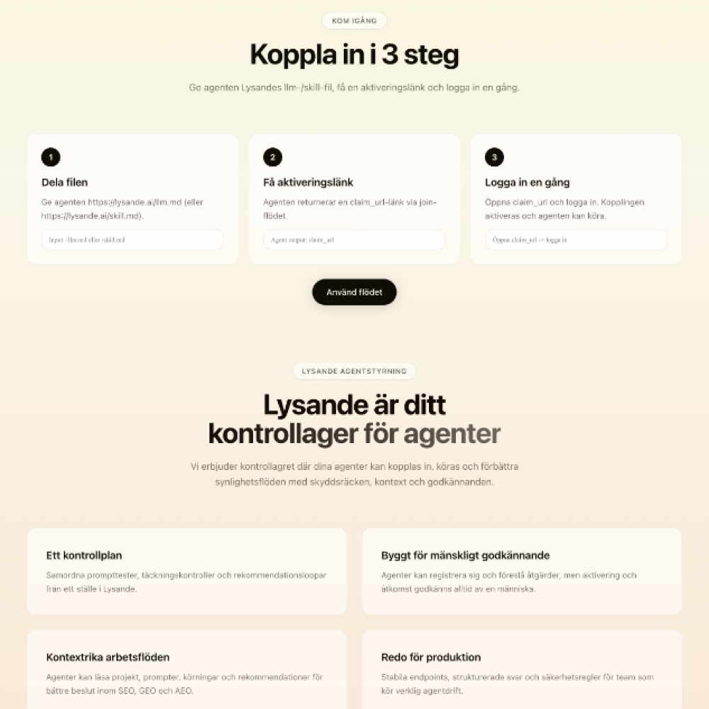 lysande.ai/llm före cold-read — original landing med eyebrow 'Agent platform for SEO/GEO/AEO' och H1 'Let any agent operate inside Lysande'.